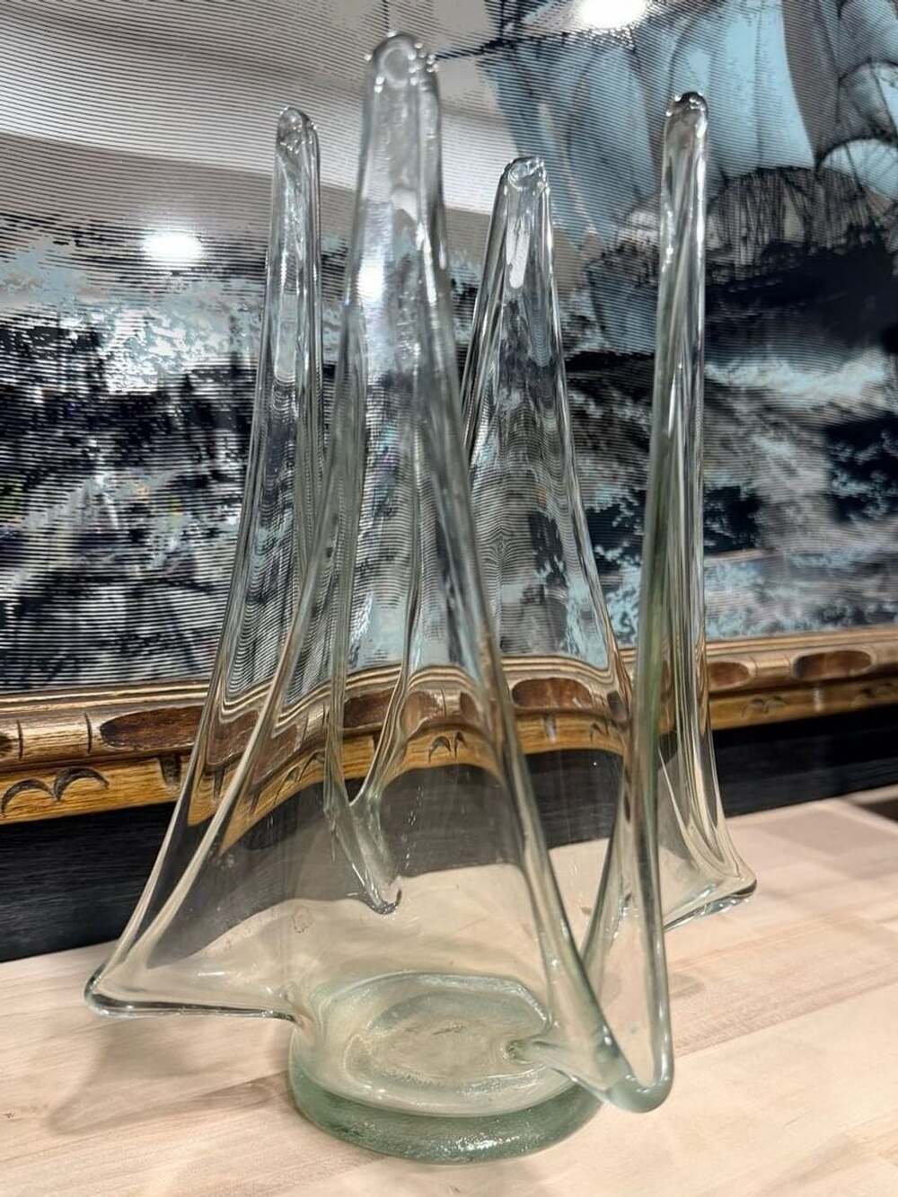 Vintage Handblown Art Swung Glass Pale Green Sculptural Vase Centerpiece